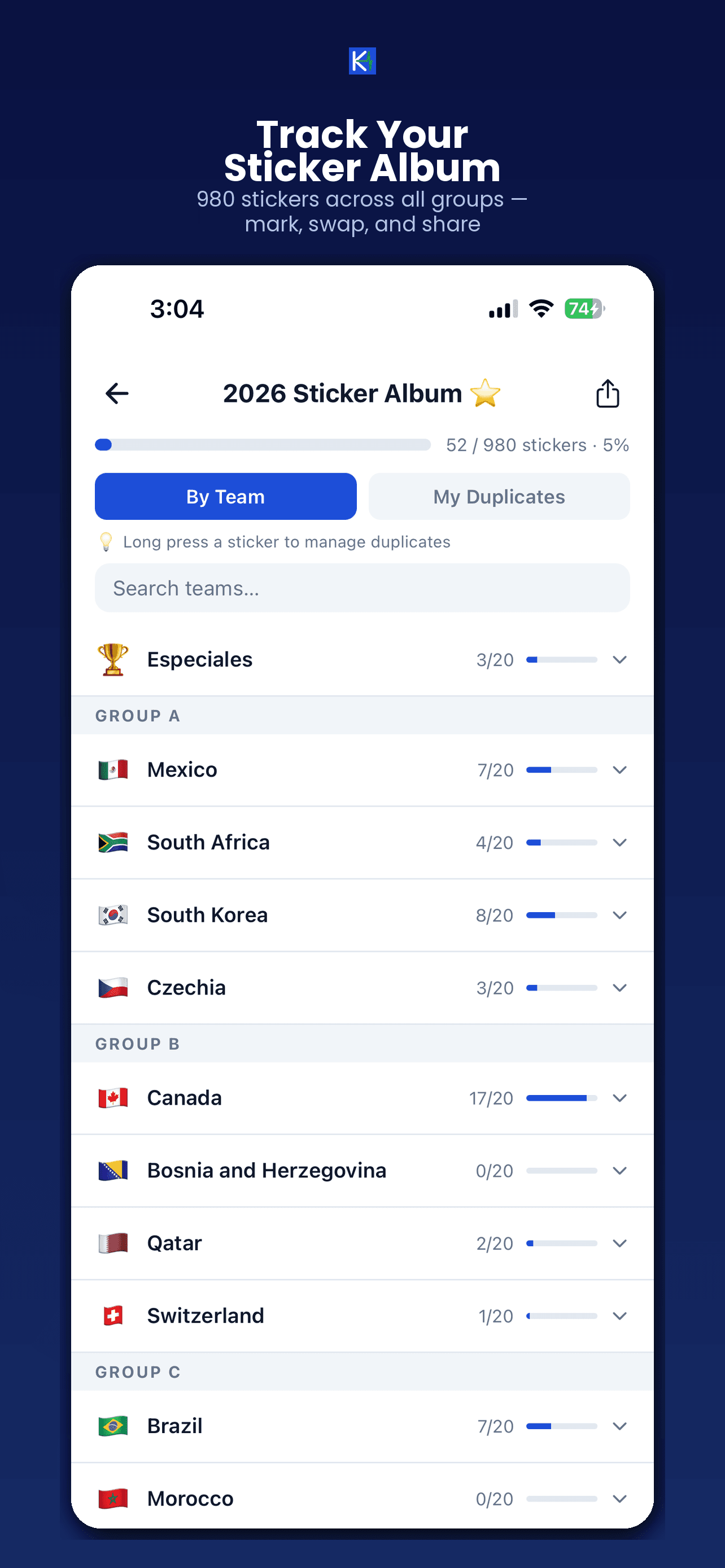 KickPulse sticker album tracker showing 980 stickers by group
